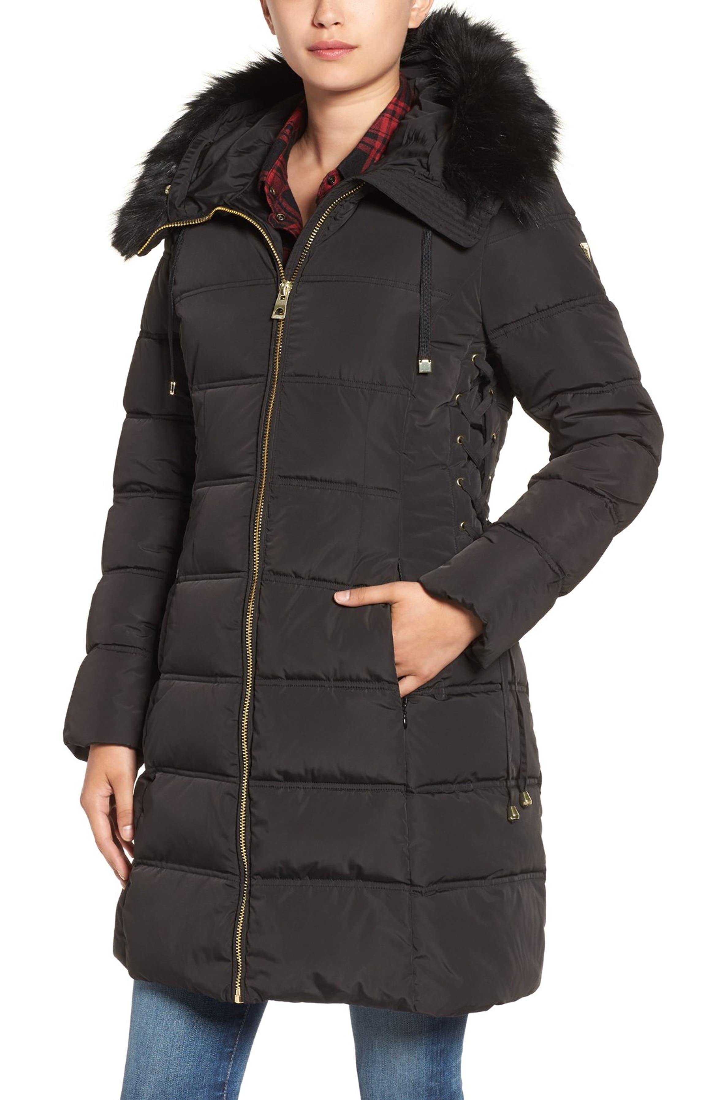 GUESS Faux Fur Trim Hooded Lace-Up Detail Quilted Coat | Nordstrom