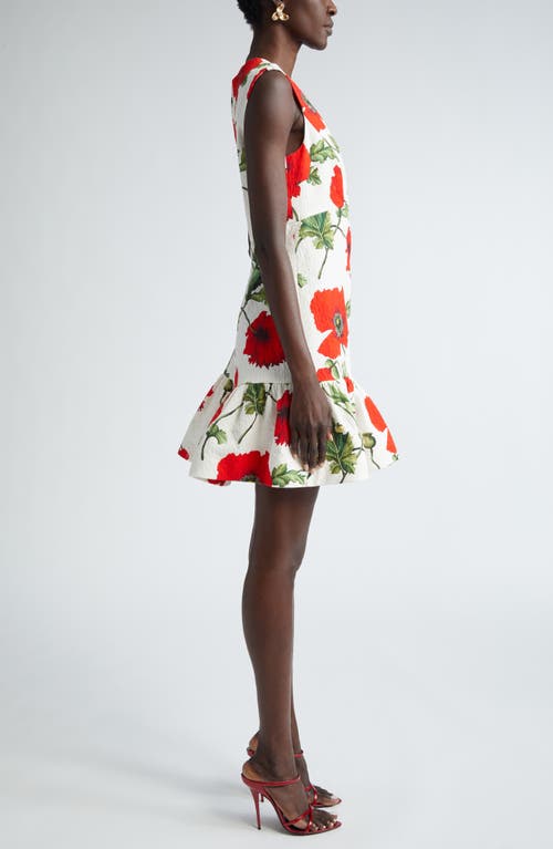 Shop Oscar De La Renta Poppy Print Cap Sleeve Flounce Hem Cotton Blend Minidress In White/red