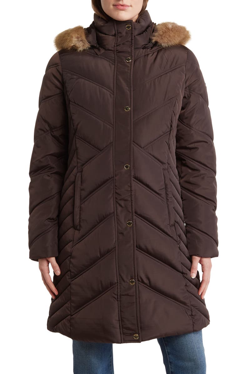 Michael Kors Water Resistant Puffer Jacket with Faux Fur Trim