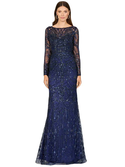 Shop Lara New York Long Sleeve Lace Gown In Navy