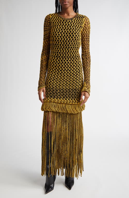 Shop Diotima Medusa Long Sleeve Loop & Fringe Crochet Sweater Dress In Black-yellow