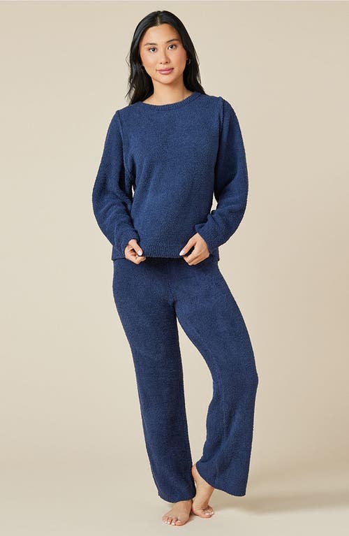 Softies Solid Marshmallow Reverse Seam Crew Neck Lounge Set With Bracelet Sleeve In Midnight