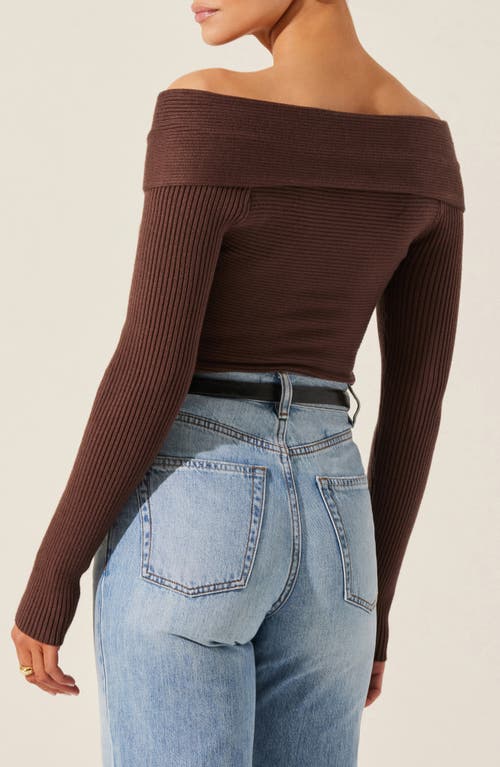 Shop Astr The Label Crossover Off The Shoulder Rib Sweater In Brown