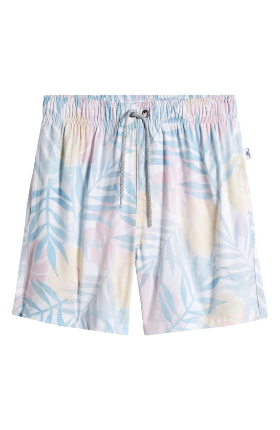 Shop Vintage Summer Kids' Tropical Print Volley Swim Trunks In White Blue Multi