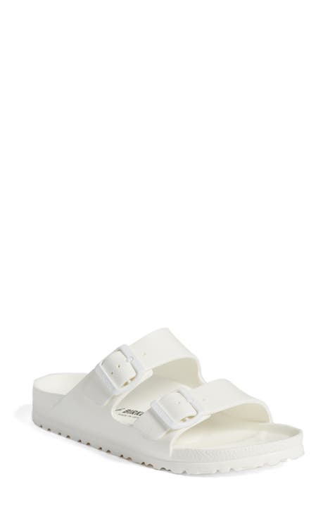 Womens White Buckle Footbed Sliders