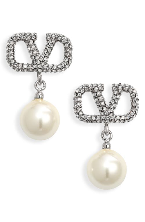 Valentino Garavani VLOGO Crystal Imitation Pearl Charm Earrings in Zqr Palladio/cream/crystal Sil at Nordstrom
