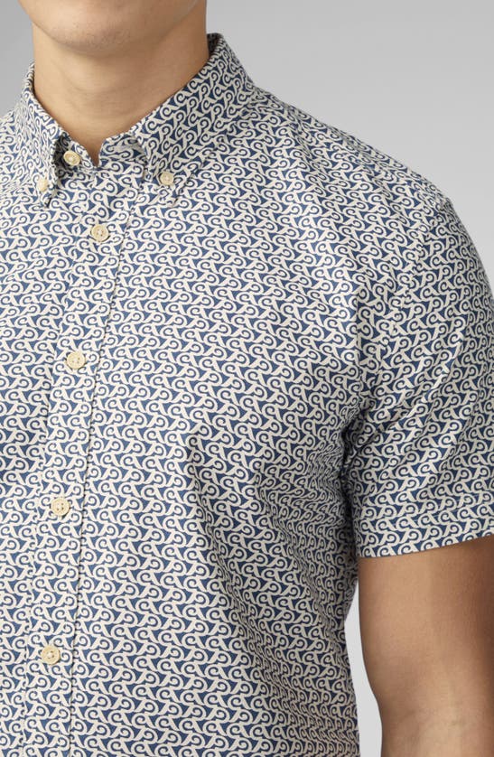 Shop Ben Sherman Geo Wave Print Short Sleeve Button-down Shirt In Blue Denim