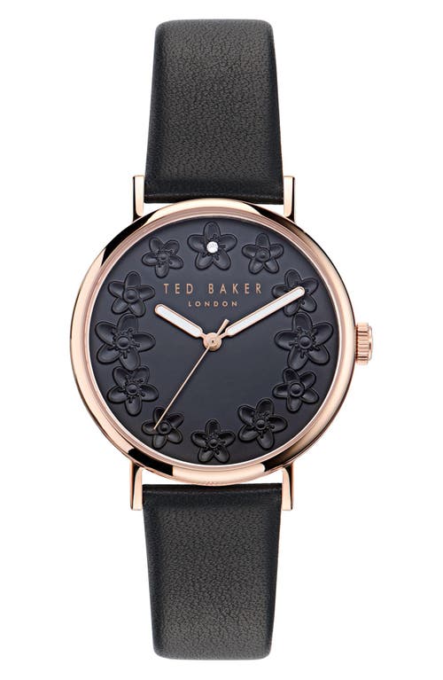 Floral Leather Strap Watch in Black