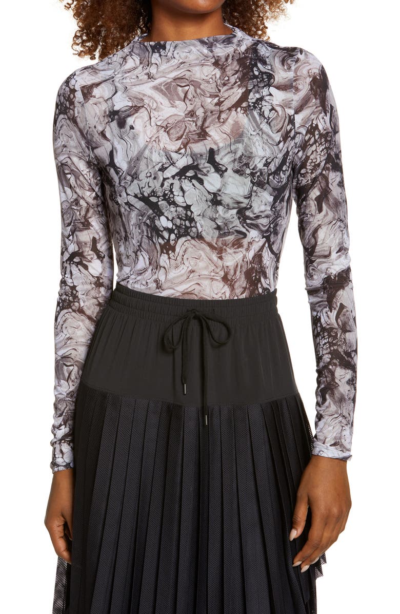 ZELLA Women's Sheer Luck Long Sleeve Mesh T-Shirt, Main, color, BLACK MARBELIZED PRINT