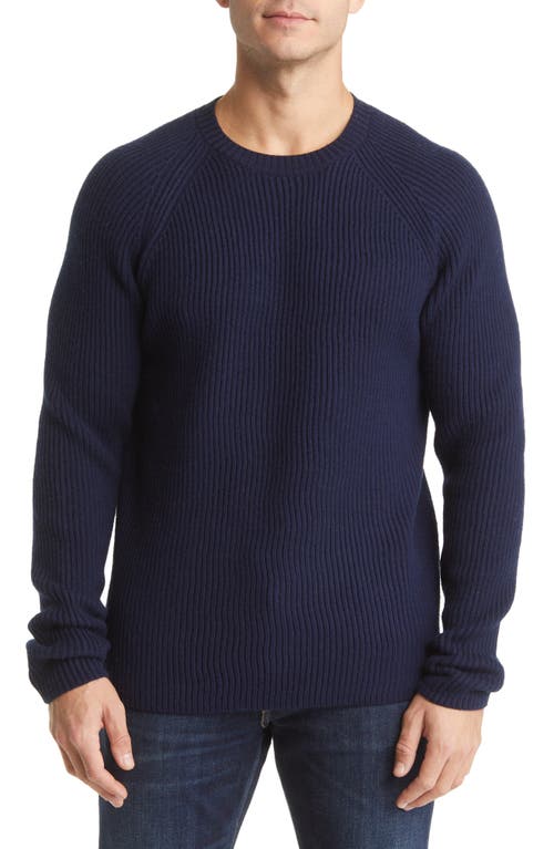 Ribbed Raglan Sleeve Wool Sweater in Navy