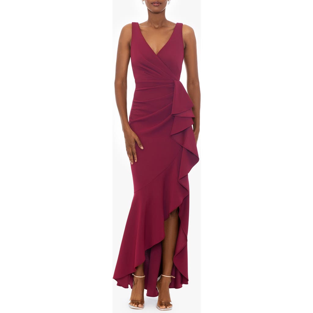 BETSY & ADAM BETSY & ADAM V-NECK CASCADE RUFFLE HIGH-LOW GOWN