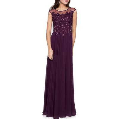 Marsoni Illusion Embellished Lace & Chiffon Gown, Purple