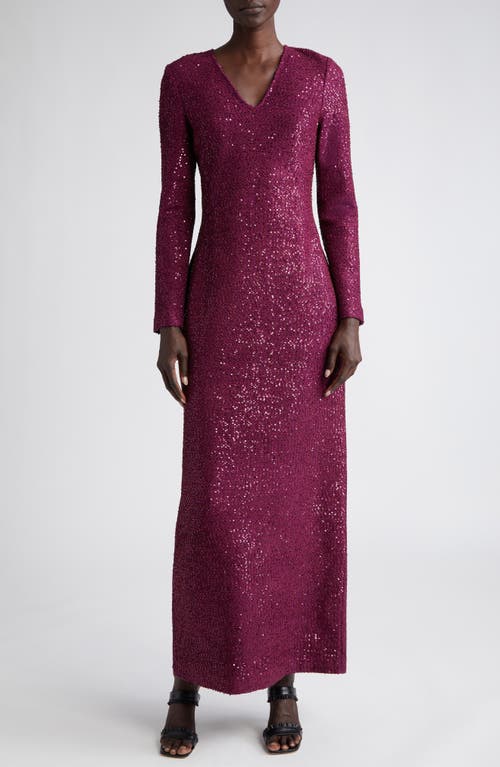 V-Neck Long Sleeve Sequin Column Gown in Mulberry