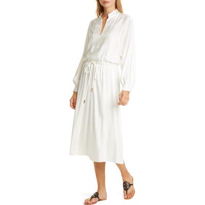 Tory Burch Tonal Stripe Long Sleeve Stretch Silk Dress, Ivory