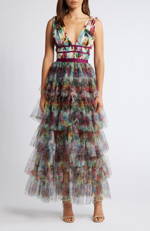 bebe Floral Print Tiered Mesh Gown in Olive Multi 