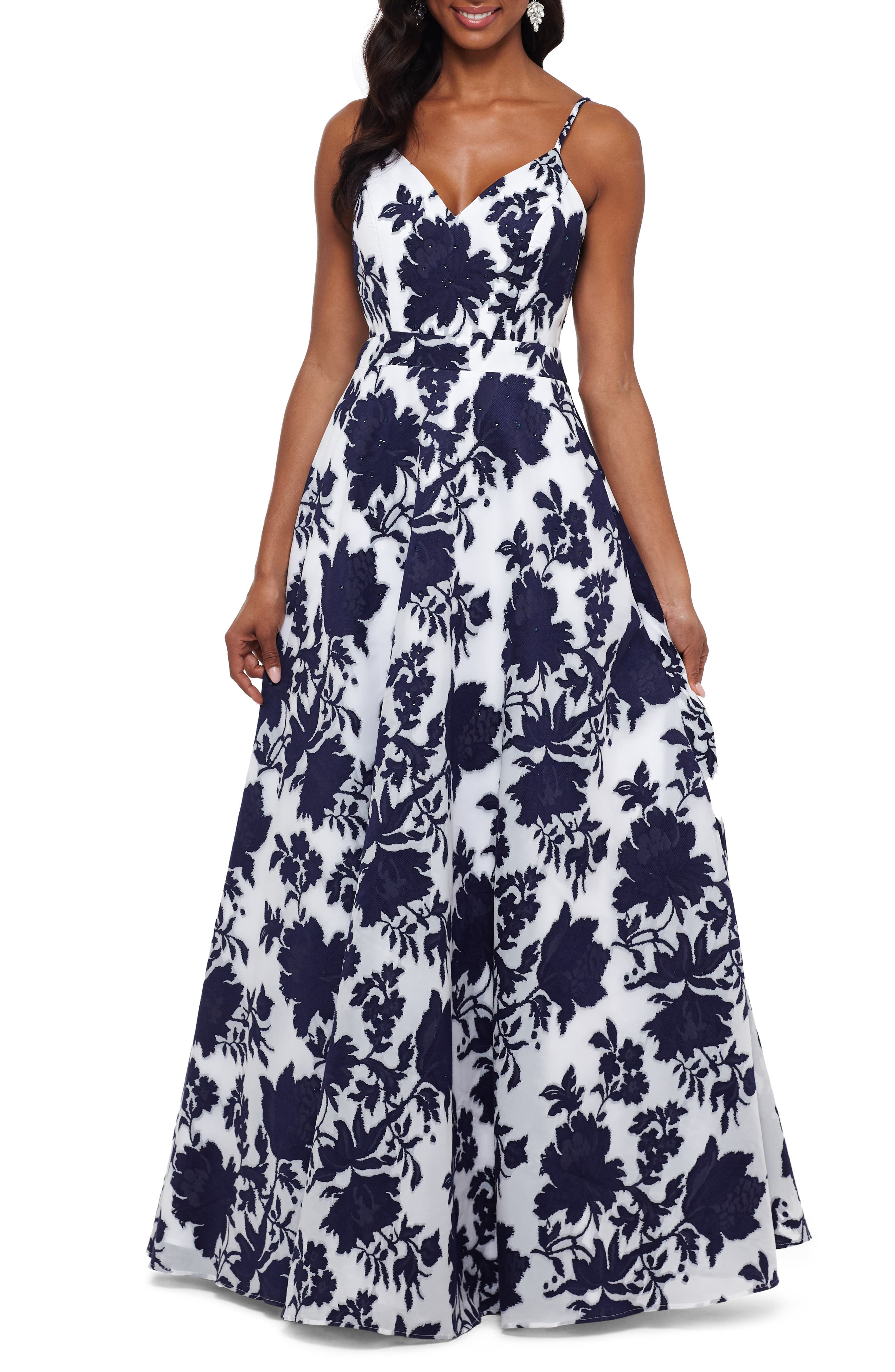 Xscape Beaded Floral Burnout Organza Evening Dress, Ivory