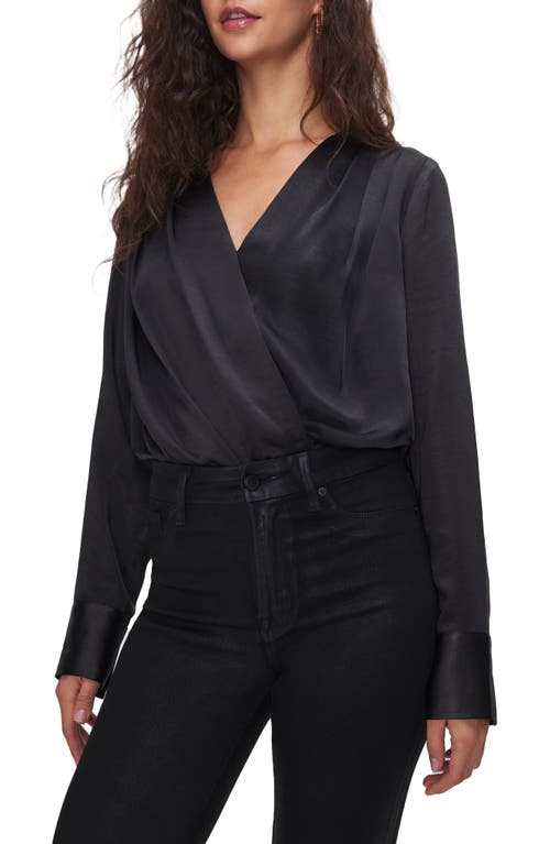 Good American Long Sleeve Washed Satin Wrap Front Bodysuit in Black001