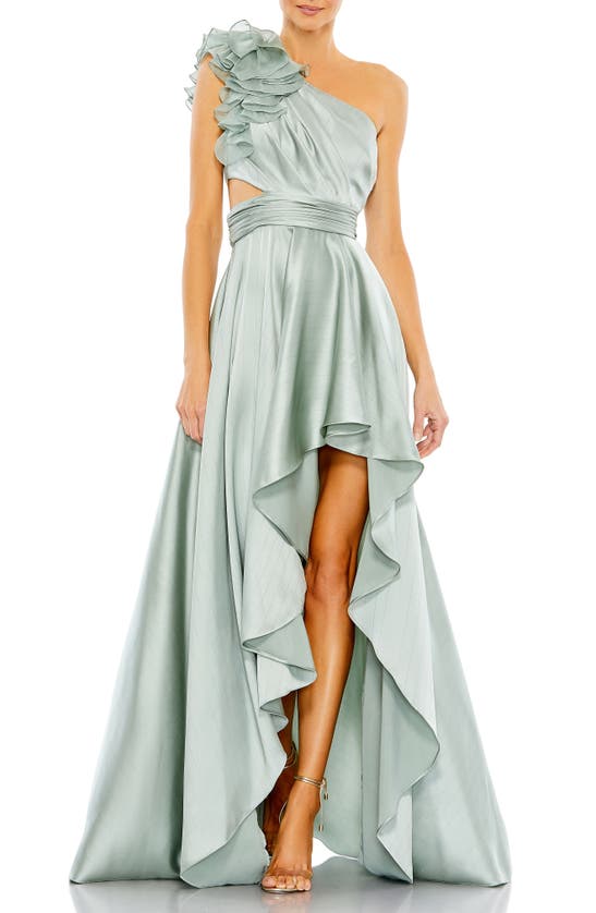 Ieena For Mac Duggal Ruffle One-shoulder High-low Satin Gown In Sage ...