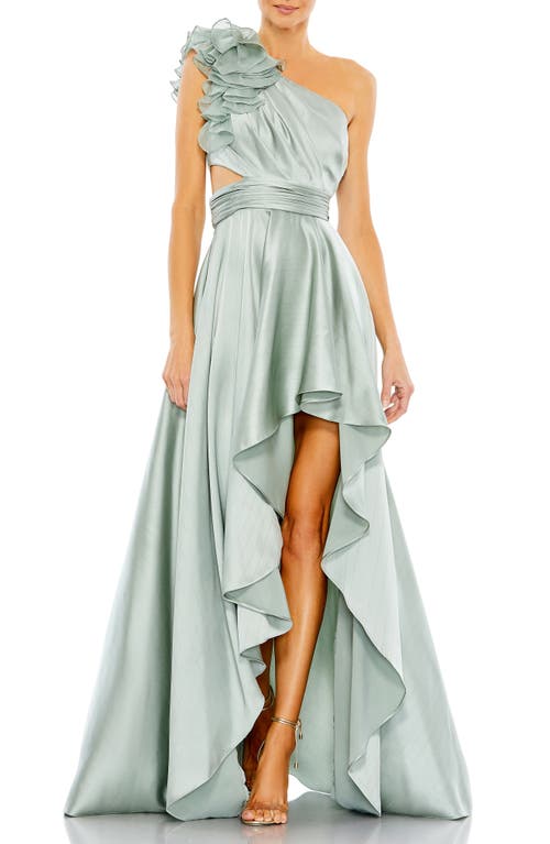 Ruffle Cutout One-Shoulder High-Low Satin Gown in Sage