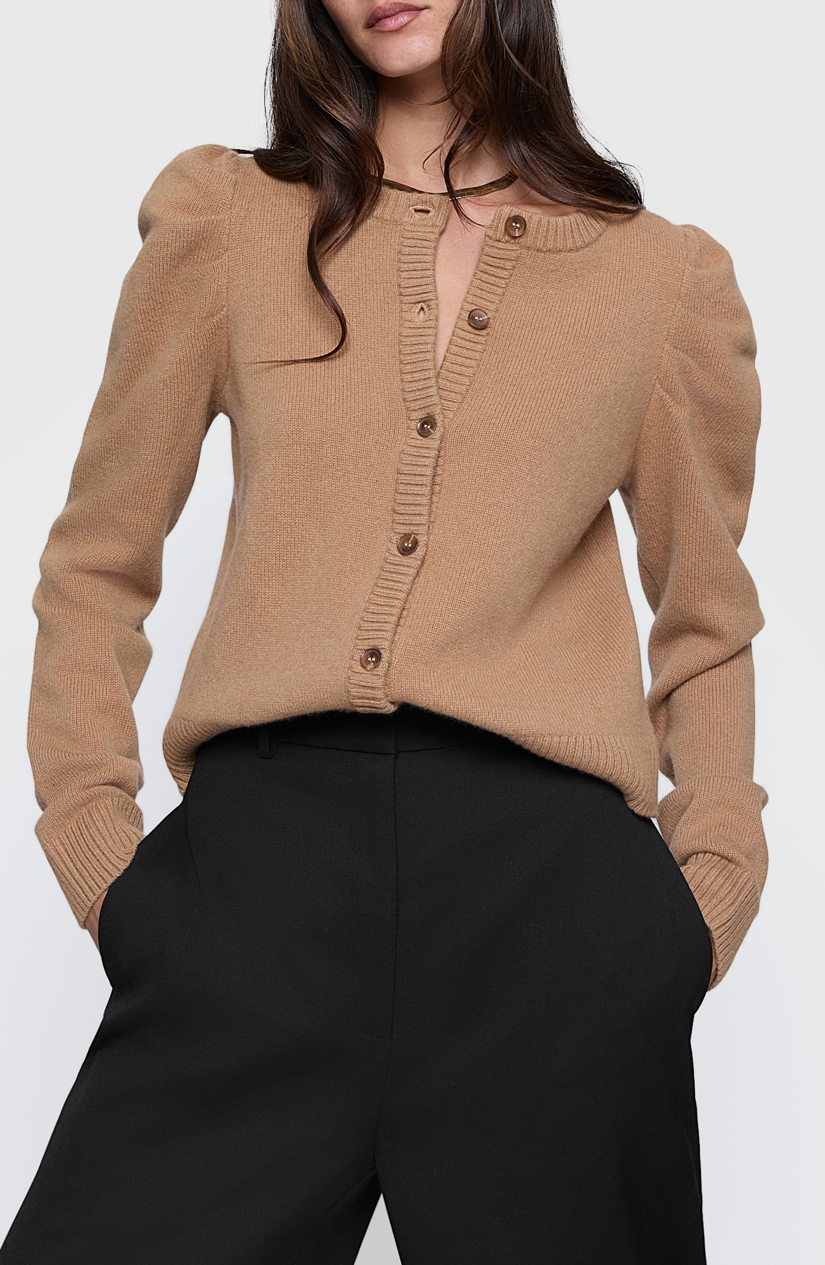 Rebecca Minkoff Janine Puff Shoulder Wool Blend Cardigan in Honey 