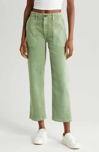 Curvy sage green comfort stretch raw hem bootcut ankle length jeans  (Lovervet)