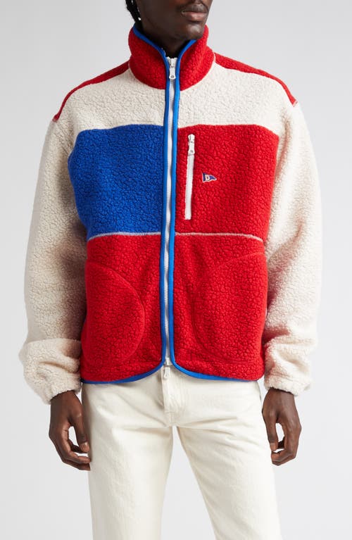 Drake's Colourblock Wool Blend Bouclé Fleece Zip Jacket In Ecru/red/blue