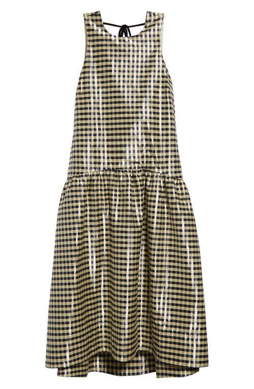 Shop Ganni Shiny Check Print Midi Dress In Lemon Icing