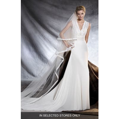 Pronovias Orobia V-Neck Gauze & Lace Sheath Gown