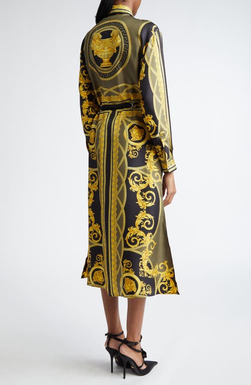 Shop Versace Barocco Print Long Sleeve Silk Satin Midi Shirtdress In Black Dark Olive Gold