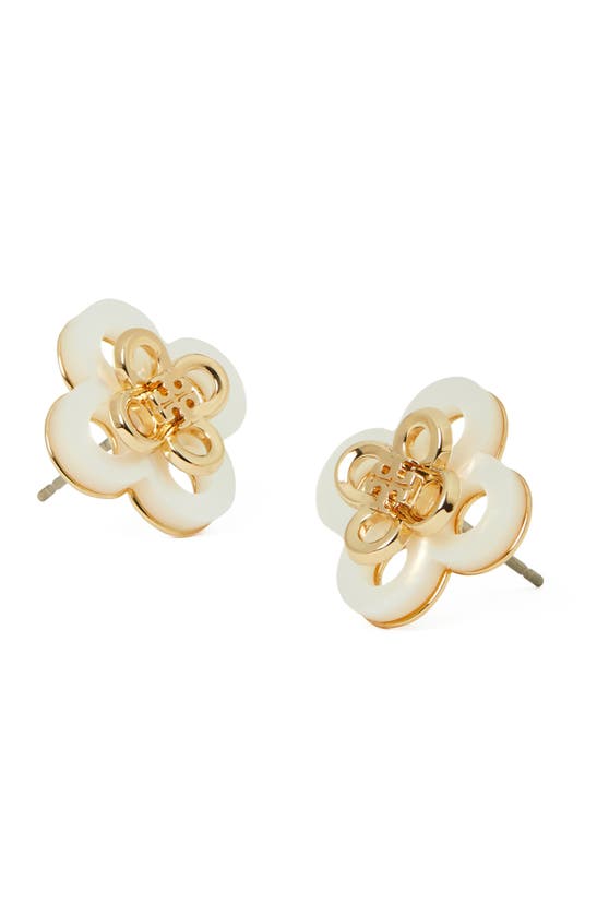 Shop Tory Burch Kira Stacked Clover Stud Earrings In Tory Gold / Mother Of Pearl