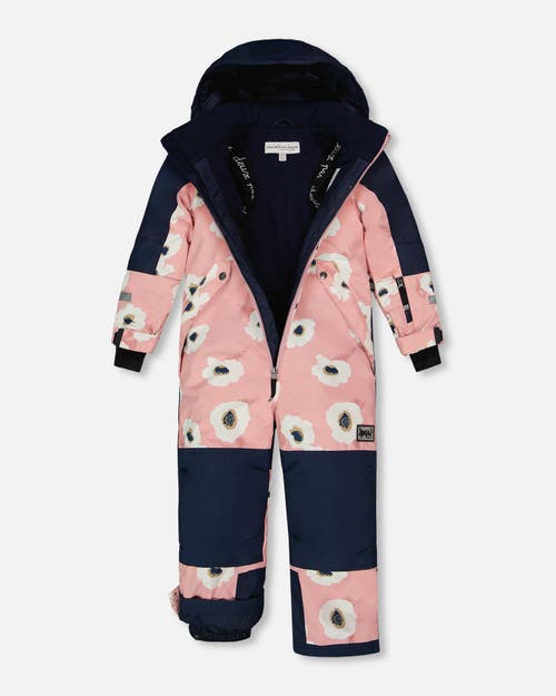 DEUX PAR DEUX DEUX PAR DEUX BIG GIRL'S ONE PIECE TECHNICAL SNOWSUIT PINK PRINTED OFF WHITE FLOWERS 