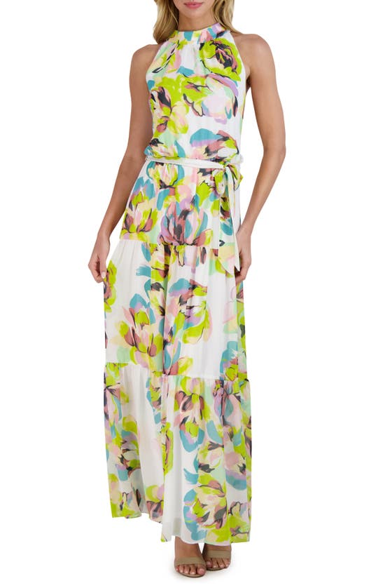 Julia Jordan Mock-neck Tiered Printed Chiffon Maxi Dress In Ivory Multi | ModeSens