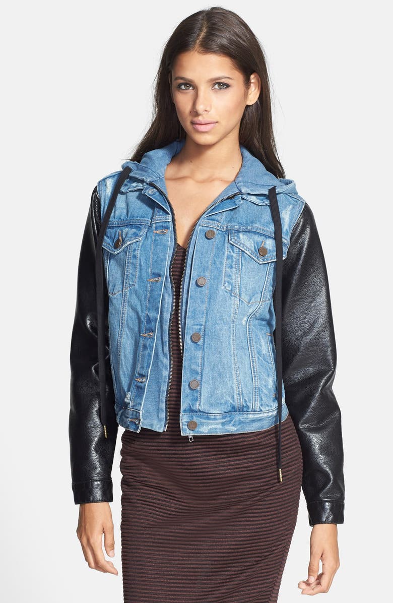 BLANKNYC Mixed Media Denim Jacket, Main, color, RIPPED OFF