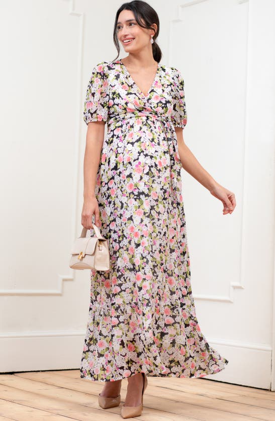 Seraphine Floral Maternity/nursing Maxi Dress In Black Floral Multi