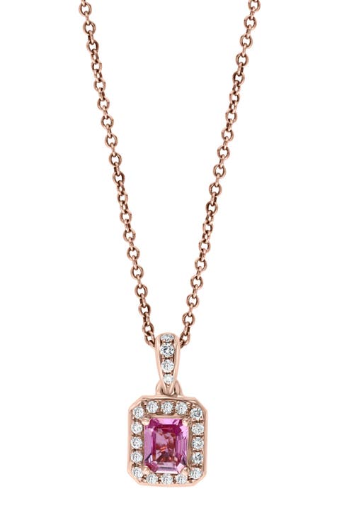 14K Rose Gold Pink Sapphire & Diamond Halo Pendant Necklace - 0.12ct.