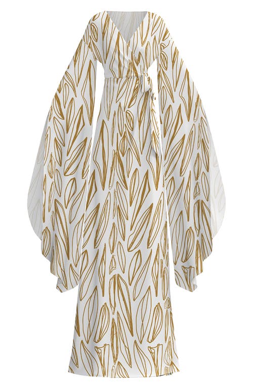 Maya Exaggerated Long Sleeve Fiore Print Jacquard Wrap Dress in Gold