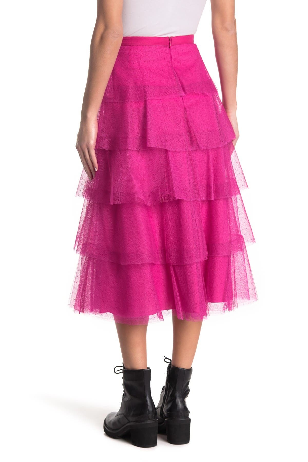 Red Valentino Tiered Point D'esprit Midi Skirt In Medium Pink