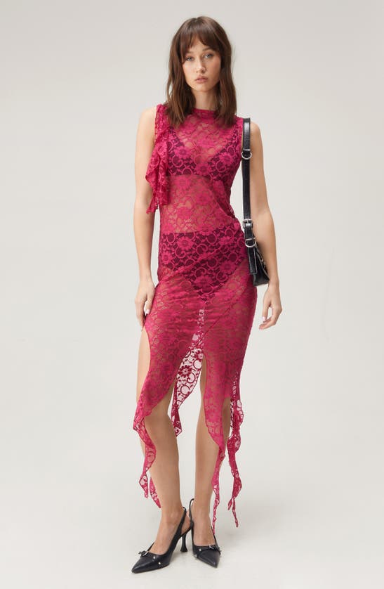 Shop Nasty Gal Sheer Lace Ruffle Dress In Pink
