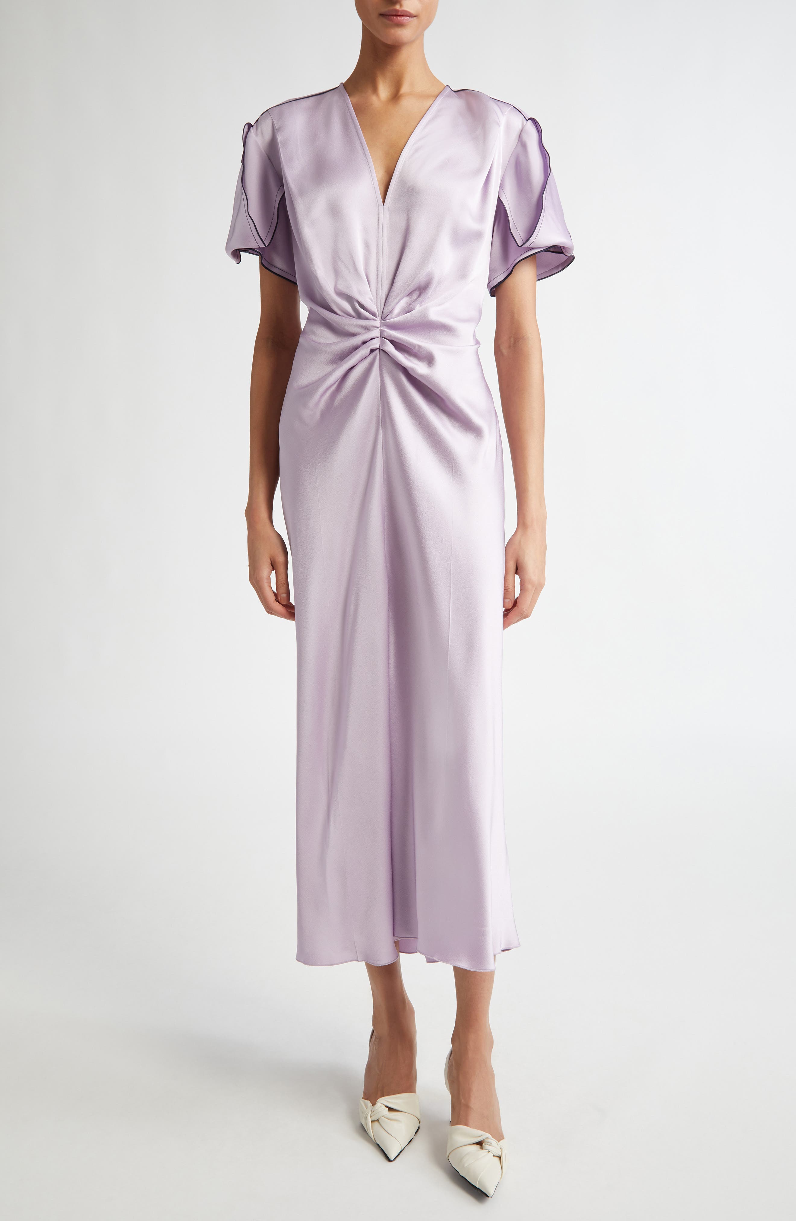 Victoria Beckham Gathered V-Neck Satin Midi Dress | Nordstrom