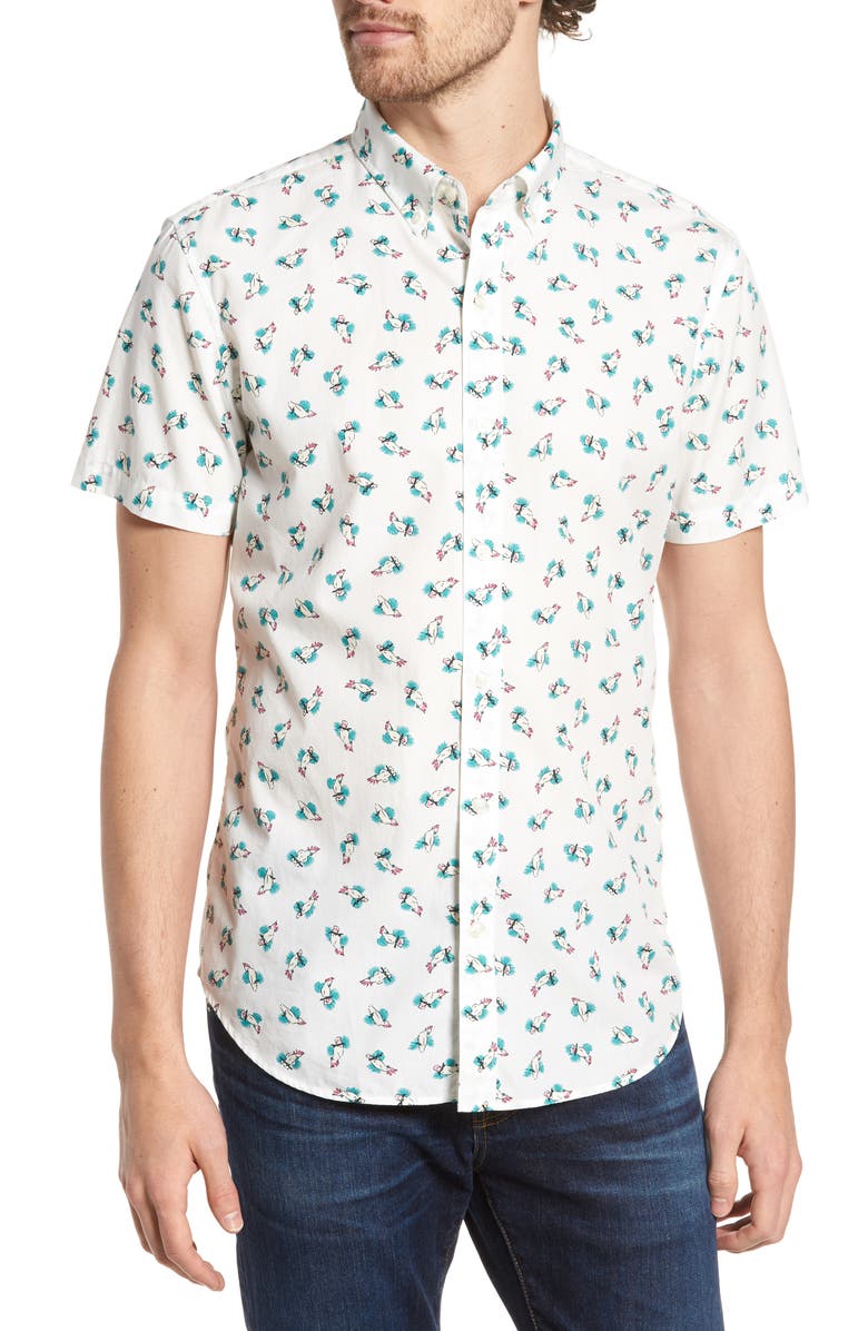 BONOBOS Slim Fit Print Short Sleeve Sport Shirt, Main, color, COCKATOO - LATIGO BAY