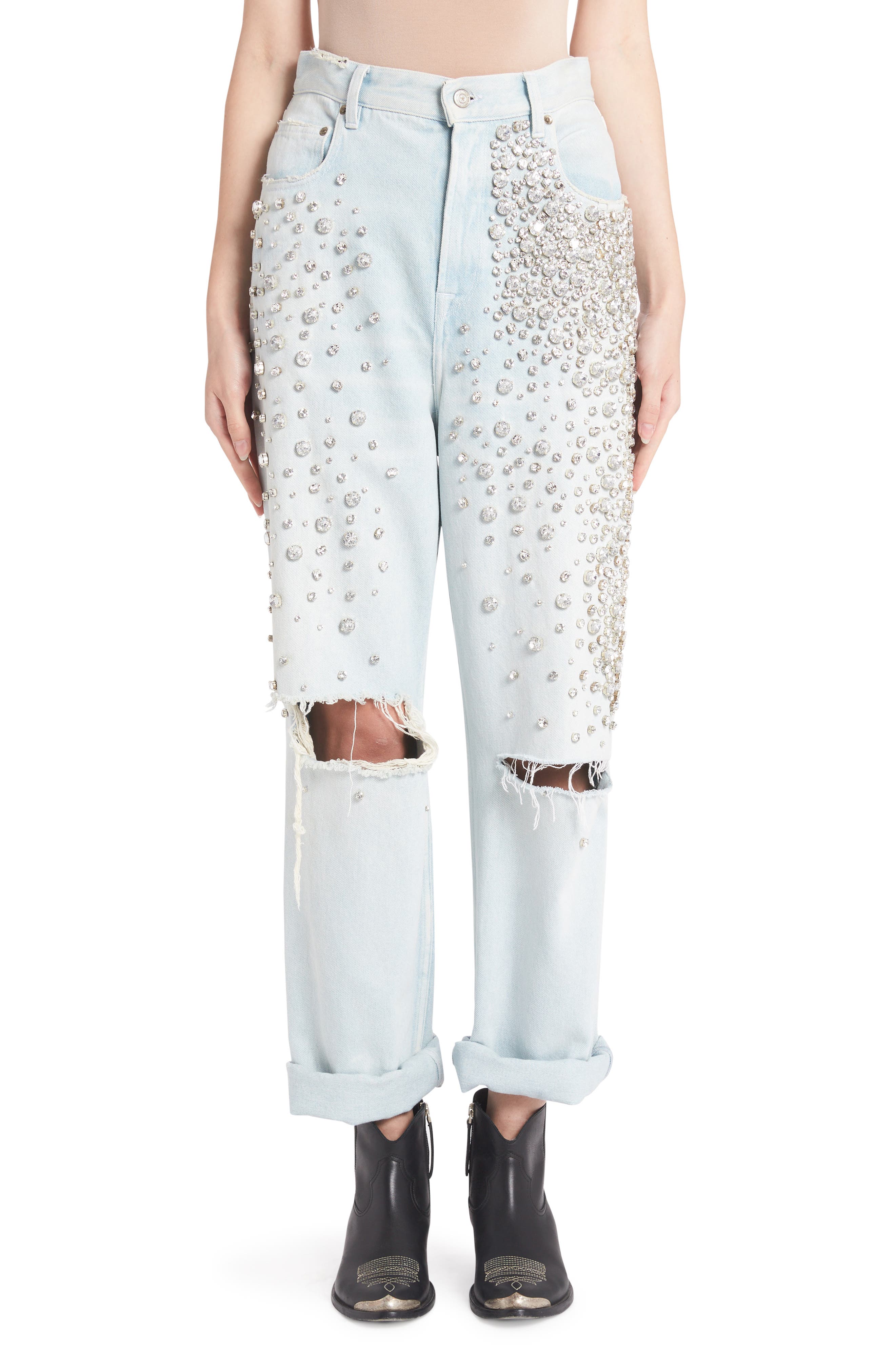 Golden Goose Kim Crystal Embellished Distressed Jeans in Blue