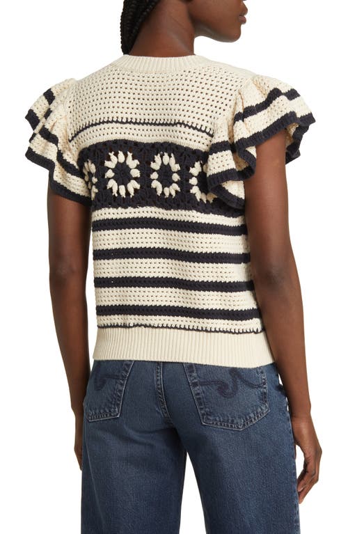 Rails Penelope Flutter-sleeve Crochet Blouse In Oat Navy Crochet Stripe