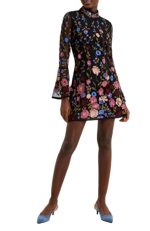 French Connection Astrida Embroidered Long Sleeve Minidress Black Multi at Nordstrom,