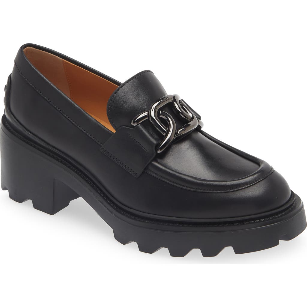Tod's Lug Sole Loafers With Metal Chain Detail In Nero