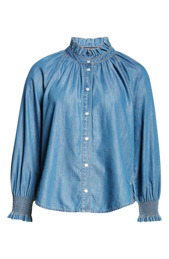 Shop Veronica Beard Calisto Ruffle Collar Cotton Button-up Shirt In Cornflower