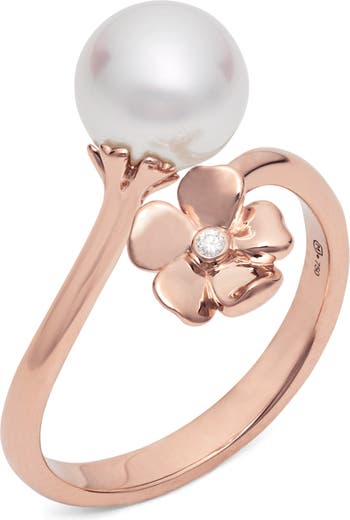 Mikimoto South Sea Pearl Rose Gold Diamond Flower Bypass Ring