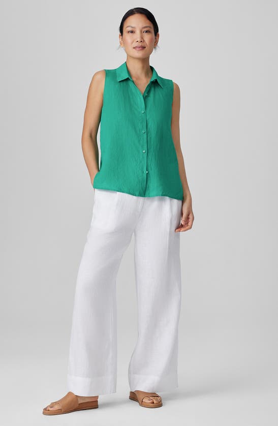 Shop Eileen Fisher Classic Sleeveless Organic Linen Button-up Shirt In Sea Star