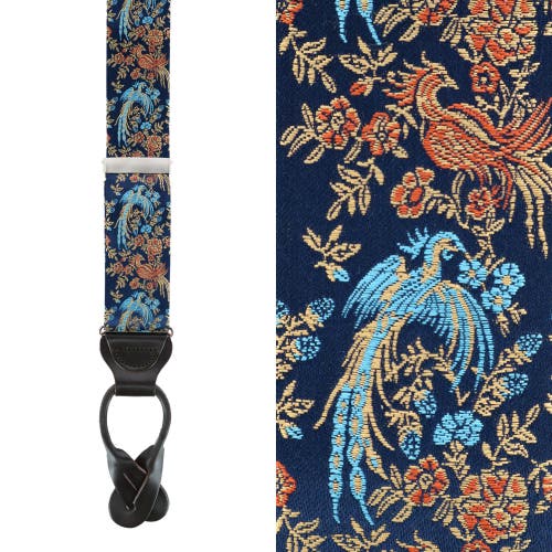 Shop Trafalgar Birds Of Prosperity Silk Button End Suspenders (braces) And Bow Tie Set In Navy