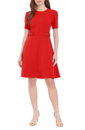 London Times Button Tab Fit & Flare Dress In True Red