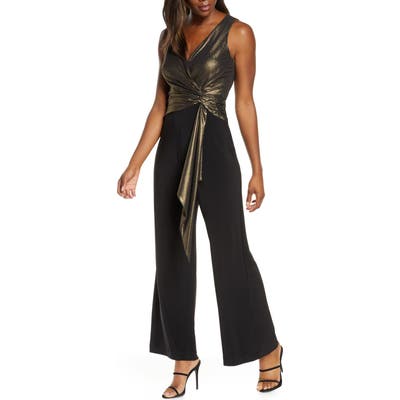 Taylor Dresses Metallic Bodice Mix Media Faux Wrap Jumpsuit, Black